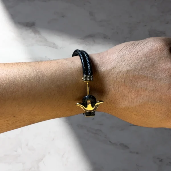 Men’s Black Leather Bracelet with Gold Stainless Steel Anchor Charm - Image 4